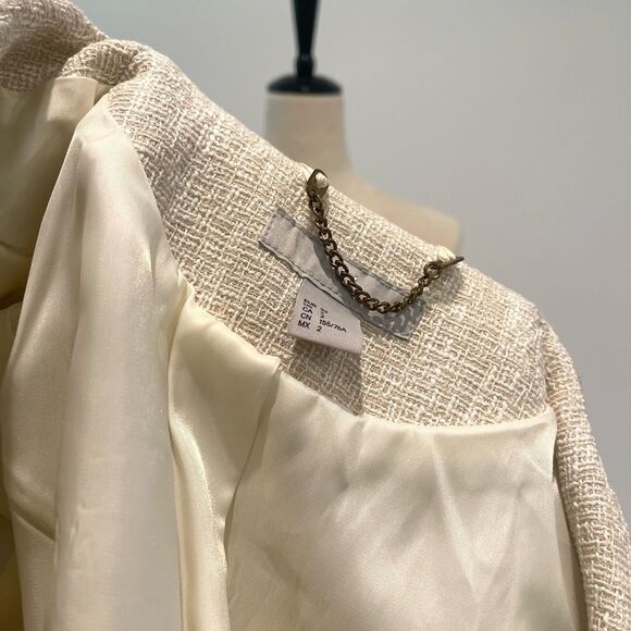 H&M Petite beige Cream Tapered Waist Cropped Suit Jacket Blazer Coat size 32 - Picture 5 of 6